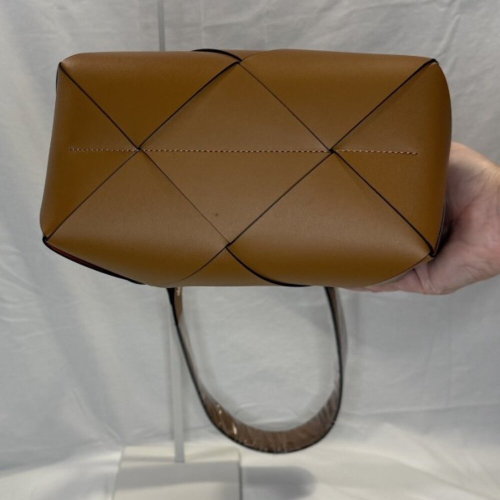 Caramel Woven Leather Bucket Bag, Loop Handles, Removable Shoulder Strap, NWOT - Picture 4 of 16
